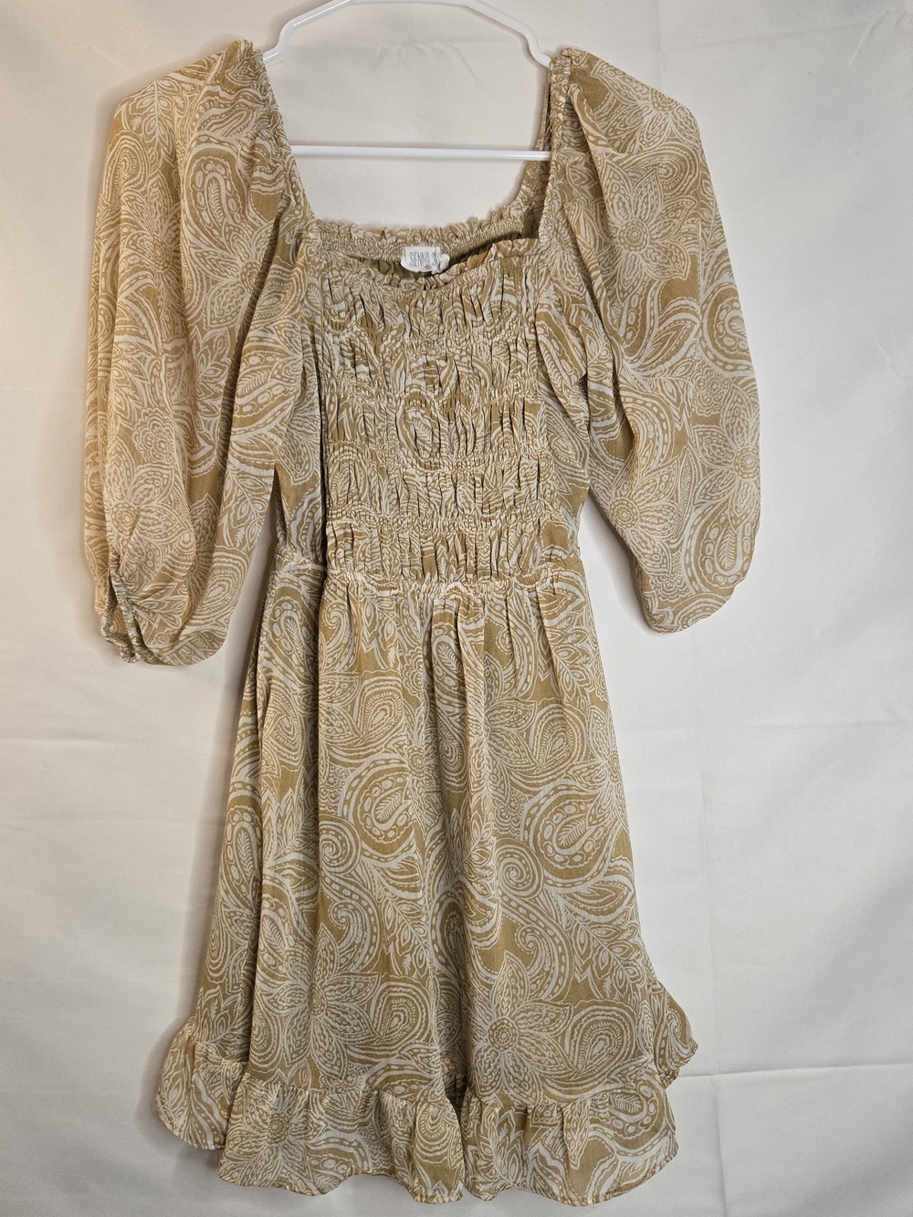 Sienna Sky Mustard paisley smocked mini puff sleeves boho western XS square neck - Picture 2 of 12